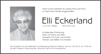 Traueranzeige von Elli Eckerland von Pegnitz-Zeitung